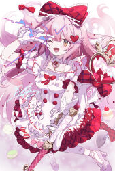 1girl ;d animal_ears arknights arm_up bow braid breasts brown_eyes cat_ears dress frilled_gloves frills gloves goldenglow_(arknights) goldenglow_(party_in_the_garden)_(arknights) hair_bow hair_ornament heart heart_hair_ornament highres holding holding_wand long_hair looking_at_viewer magical_girl medium_breasts one_eye_closed open_mouth pink_hair puffy_short_sleeves puffy_sleeves red_bow reinoni short_sleeves signature smile solo v v_over_eye very_long_hair wand white_dress white_gloves