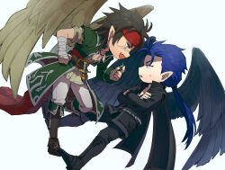 2boys absurdres boots commentary_request crossed_arms deformed fang feather_necklace feathered_wings fire_emblem fire_emblem:_path_of_radiance highres holding holding_jewelry holding_ring jewelry kometubu0712 long_hair male_focus multiple_boys naesala_(fire_emblem) necklace nintendo path pointy_ears ponytail ring road scar scar_on_chest simple_background skin_fang tibarn_(fire_emblem) white_background wings yellow_eyes