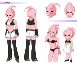 1girl alien bikini black_sclera breasts colored_sclera colored_skin dragon_ball dragon_ball_online dragon_ball_xenoverse dragonball_z earrings epe-tohri female_majin jewelry jitome lamp_(epe-tohri) majin_(race) medium_breasts monster_girl multiple_persona piercing pink_skin red_eyes swimsuit thighhighs