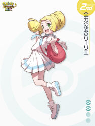 1girl announcement artist_request bag bare_arms bare_legs blonde_hair blunt_bangs clenched_hands collared_dress dress duffel_bag full_body green_eyes happy high_ponytail highres jumping kneehighs lillie_(pokemon) long_hair looking_at_viewer nintendo official_art open_mouth poke_ball_theme pokemon pokemon_masters_ex pokemon_sm ponytail shoes sleeveless sleeveless_dress sneakers socks solo standing sundress translation_request white_dress white_socks