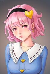 Rule 34 | 1girl, blush, breasts, earrings, frills, hairband, headband, heart, highres, jewelry, komeiji satori, large breasts, long sleeves, looking at viewer, pink eyes, pink hair, shirt, short hair, skirt, solo, touhou, upper body, yyf (seaknight)