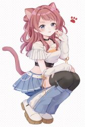 1girl absurdres animal_ears belt black_collar black_thighhighs blue_eyes blue_skirt blush cat_ears cat_girl cat_tail collar collarbone commentary crop_top detached_sleeves dotted_background full_body gakuen_idolmaster hanami_saki hand_up highres idolmaster kneeling long_hair looking_at_viewer midriff paw_print pleated_skirt red_hair shirako_(srk_srtk) shirt shoes skirt sleeves_past_wrists smile solo symbol-only_commentary tail thighhighs thumb_hole_sleeves tongue tongue_out torn_clothes torn_thighhighs two_side_up white_background white_belt white_shirt white_shoes