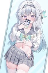 Rule 34 | 1girl, blush, cellphone, clothes lift, commentary request, covering own mouth, firefly (honkai: star rail), firefly (spring missive) (honkai: star rail), gradient eyes, green pupils, grey hair, grey hairband, grey ribbon, grey sailor collar, grey skirt, hair between eyes, hair intakes, hair ornament, hair ribbon, hairband, highres, holding, holding phone, honkai: star rail, honkai (series), long hair, long sleeves, multicolored eyes, navel, no panties, pekokota, phone, plaid clothes, plaid skirt, pleated skirt, ribbon, sailor collar, shirt, shirt lift, skirt, smartphone, solo, stomach, sweatdrop, thighhighs, white background, white shirt, white thighhighs