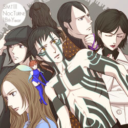 3girls 4boys bead_bracelet beads black_hair black_hat blue_gloves blue_leotard blue_thighhighs body_markings bracelet brown_hair newsboy_cap closed_eyes coat demi-fiend demon_(megami_tensei) fairy fairy_wings from_behind full-body_tattoo gloves grey_background grey_eyes happy_anniversary hat highres hijiri_jyouji hikawa_(megami_tensei) jacket jewelry leotard long_hair multiple_boys multiple_girls nitta_isamu open_mouth orange_eyes pixie_(megami_tensei) red_hair red_lips red_nails shin_megami_tensei shin_megami_tensei_iii:_nocturne tachibana_chiaki_(megami_tensei) takao_yuko tattoo thighhighs topless_male turtleneck watabashi_yf white_coat white_jacket wings yellow_eyes