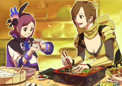armor bento bow bracelet breasts brown_eyes brown_hair chopsticks cleavage feather_hair_ornament food green_eyes hair_ornament hosokawa_gracia japanese_clothes jewelry kimono leotard nene nene_(sengoku_musou) obi onigiri red_hair rice sash scarf sengoku_musou short_hair weep03