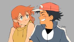 Rule 34 | 1boy, 1girl, aged up, ash ketchum, baseball cap, black hair, closed eyes, fairybees, grey background, grin, hat, highres, hood, hoodie, jacket, misty (pokemon), nintendo, orange hair, pokemon, pokemon (anime), pokemon (classic anime), pokemon hs16, pokemon xy (anime), red hat, short-sleeved jacket, short hair, short sleeves, sleeveless, sleeveless hoodie, smile