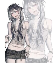 1girl belt black_belt black_hair black_shorts bracelet camisole commentary crop_top cross ear_piercing earrings feather_necklace grey_hair gyaru_v hair_between_eyes head_tilt highres jewelry kwnce lip_piercing midriff multicolored_hair navel necklace original piercing plectrum red_eyes short_shorts shorts signature solo thumb_in_beltline two-tone_hair v white_camisole zoom_layer