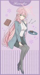 1girl absurdres ahoge alternate_costume black_shoes black_skirt blue_archive blue_jacket blush book border bow braid breasts bright_pupils cake cake_slice character_name closed_mouth commentary_request copyright_name english_text food fork full_body green_eyes grey_pantyhose hair_between_eyes hair_bow hair_over_shoulder halo hanako_(blue_archive) hand_on_own_thigh hand_up highres huge_ahoge invisible_chair jacket large_breasts long_hair looking_at_viewer nakochizu open_clothes open_jacket pantyhose pencil_skirt pink_hair pink_halo purple_background purple_border ribbed_sweater shoes simple_background single_braid sitting skirt smile snowflakes solo sparkle split_mouth spoon sweater turtleneck turtleneck_sweater very_long_hair white_bow white_sweater winter_clothes