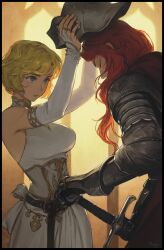2girls absurdres armor belt blonde_hair blue_eyes breasts bridal_gauntlets closed_eyes closed_mouth commentary couter dress english_commentary gauntlets hand_on_weapon helm helmet highres holding holding_helmet jewelry knight large_breasts lene_(morry) long_hair meliae_(morry) morry multiple_girls original pauldrons red_hair rerebrace ring sheath sheathed short_hair shoulder_armor sleeveless sleeveless_dress sword vambraces weapon white_dress