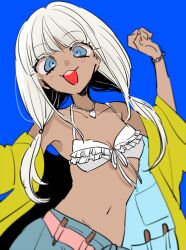 1girl bare_shoulders bikini bikini_top_only blue_background blue_eyes blush breasts collarbone commentary_request danganronpa_(series) danganronpa_v3:_killing_harmony dark-skinned_female dark_skin ganguro gyaru hands_up happy jewelry long_hair looking_at_viewer low_twintails navel necklace off_shoulder open_mouth partial_commentary raincoat ringed_eyes shell shell_necklace simple_background skirt small_breasts smile solo swimsuit twintails upper_body yellow_raincoat yonaga_angie yumemiya