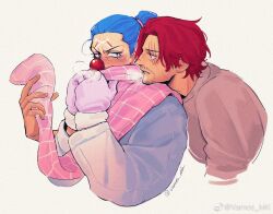 2boys blue_eyes blue_hair blush breath buggy_the_clown clown_nose coat eyelashes gloves grey_coat long_sleeves male_focus multiple_boys one_piece parted_lips pink_scarf ponytail purple_gloves red_hair scar scar_across_eye scar_on_face scarf shanks_(one_piece) short_hair simple_background upper_body vamos_mk winter_clothes yaoi