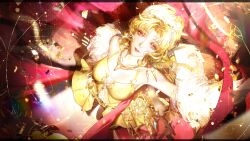 Rule 34 | 1girl, absurdres, aegyo sal, artist name, bare arms, bare shoulders, blonde hair, breasts, chinese commentary, cleavage, collarbone, commentary request, confetti, dancing, diffraction spikes, dress, earrings, feather boa, forehead, from above, glitter makeup, gold dress, gold earrings, gold eyeshadow, gold necklace, halter dress, halterneck, highres, jewelry, kong tiao bo zi, lens flare, looking at viewer, looking up, milly (path to nowhere), navel, necklace, parted lips, path to nowhere, pink eyes, smile, solo, stomach, updo, watermark, yellow dress