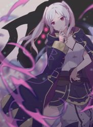 1girl 343rone absurdres belt black_robe breasts brown_belt cleavage closed_mouth dark_persona female_robin_(fire_emblem) female_robin_(grima)_(fire_emblem) fire_emblem fire_emblem_awakening hand_up highres hooded_robe long_hair long_sleeves medium_breasts nintendo open_clothes open_robe pants red_eyes robe shirt smile solo standing twintails white_hair white_pants white_shirt