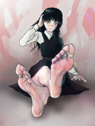 1girl absurdres barefoot black_hair chainsaw_man dress feet highres lei_abu long_hair long_sleeves looking_at_viewer parted_lips pinafore_dress red_eyes ribbon ringed_eyes scar scar_on_face shirt sleeveless_dress soles toenails toes white_shirt yoru_(chainsaw_man)