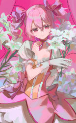1girl absurdres arm_ribbon bow bow_choker choker collarbone commentary cowboy_shot crossed_bangs dress dress_bow english_commentary flower flower_request frilled_dress frills gloves grey_skirt grey_sleeves grin hair_between_eyes hair_bow head_tilt highres holding holding_flower iinagi_(kashiwa_keira) kaname_madoka kaname_madoka_(magical_girl) looking_at_viewer magical_girl mahou_shoujo_madoka_magica mahou_shoujo_madoka_magica_(anime) making-of_available mixed-language_commentary own_hands_together pendant_choker pink_background pink_bow pink_choker pink_dress pink_hair pink_ribbon pink_theme puffy_short_sleeves puffy_sleeves ribbon short_hair short_sleeves short_twintails skirt smile solo soul_gem straight-on twintails two-tone_dress white_gloves wrist_ribbon yellow_dress