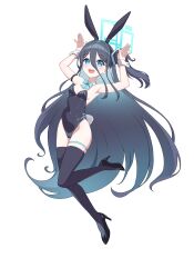 1girl absurdres alternate_costume animal_ears aris_(blue_archive) bare_shoulders black_hair black_leotard black_thighhighs blue_archive blue_eyes bow bow_choker breasts choker fake_animal_ears fake_tail full_body high_heels highres leotard long_hair looking_at_viewer one_side_up rabbit_ears rabbit_pose rabbit_tail simple_background small_breasts solo tail teeth thighhighs upper_teeth_only very_long_hair white_background white_choker wrist_cuffs wuqi_wupenguin