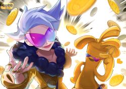 Rule 34 | 1boy, :d, ;d, abe (kumayu), coin, gholdengo, gold coin, gold jacket, highres, jewelry, lear (pokemon), lear (sygna suit) (pokemon), long sleeves, looking at viewer, lower teeth only, male focus, multicolor-tinted eyewear, multiple rings, nintendo, official alternate costume, one eye closed, open mouth, pokemon, pokemon (creature), pokemon masters ex, purple hair, ring, smile, spiked hair, teeth, tinted eyewear