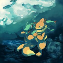 bubble buizel closed_mouth gen_2_pokemon gen_4_pokemon gn highres nintendo open_mouth pokemon pokemon_(creature) quagsire smile spikes swimming totodile underwater water wooper