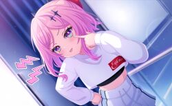 1girl bare_arms blush child dot_nose eyebrows eyelashes fudeshima_shigure game_cg hair_between_eyes hand_up highres idol long_sleeves looking_at_viewer official_art open_mouth pink_eyes pink_hair sidelocks solo standing stomach tongue tongue_out world_dai_star