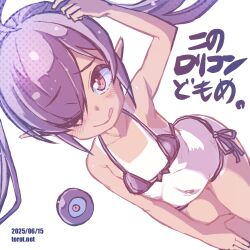 1girl ;q backbeako_(torotei) backbeard bikini black_bikini black_hair blush bow bow_bikini breasts closed_mouth commentary_request dated dated_commentary dutch_angle gegege_no_kitarou hair_over_one_eye hand_on_own_head kono_lolicon_domome leaning_forward loli long_hair looking_at_viewer navel one_eye_closed original paid_reward_available pointy_ears red_eyes ribs side-tie_bikini_bottom simple_background small_breasts smile solo swimsuit tan tanline tongue tongue_out torotei translated twintails watermark web_address white_background