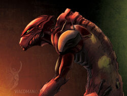 1boy 2015 biomechanical bionicle commentary english_commentary from_side green_eyes highres hunched_over male_focus piston solo the-ht-wacom-man the_lego_group unfinished upper_body vakama_(bionicle) watermark