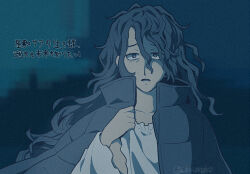 1girl blue_theme chiimako coat coat_on_shoulders commentary_request hair_between_eyes hand_up hinata_(toshi_densetsu_kaitai_center) long_hair long_sleeves looking_at_viewer monochrome open_mouth solo spoilers toshi_densetsu_kaitai_center translation_request upper_body wavy_hair