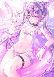 Rule 34 | 1girl, ball, beachball, bikini, black choker, blush, bow, bracelet, breasts, choker, eyewear on head, hair bow, hair ornament, hashtag-only commentary, headdress, heart, heart-shaped eyewear, highres, hololive, innertube, jewelry, long hair, looking at viewer, multicolored hair, navel, pink hair, purple-tinted eyewear, purple bikini, purple eyes, purple hair, ririge, small breasts, solo, stomach, sunglasses, swim ring, swimsuit, thighlet, tinted eyewear, tokoyami towa, twintails, virtual youtuber, water