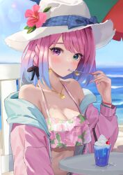 1girl bare_shoulders beach bikini black_ribbon blue_hoodie blue_ribbon blue_sky blush braid breasts cherry cleavage cloud cloudy_sky collarbone crescent crescent_earrings crescent_necklace day drinking_straw earrings fingernails flower food fruit gradient_hair green_eyes hair_ribbon hat heterochromia hibiscus himemori_luna holding holding_spoon hololive hood hoodie jewelry lens_flare looking_at_viewer medium_hair multicolored_hair nail_polish necklace ocean open_clothes open_hoodie outdoors parasol pink_bikini pink_eyes pink_flower pink_hair pink_hoodie pink_lips pink_nails plaid_ribbon print_bikini ribbon sand shaved_ice sky solo spoon sun_hat sutei_(xfzdarkt) swept_bangs swimsuit table two-tone_hair two-tone_hoodie umbrella virtual_youtuber white_hat