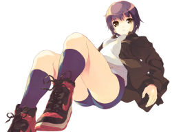 Rule 34 | 00s, 1girl, breasts, buruma, female focus, gym uniform, jacket, kneehighs, medium breasts, nagato yuki, nike (company), purple hair, shirota dai, shoes, short hair, simple background, sneakers, socks, solo, suzumiya haruhi no yuuutsu, white background, yellow eyes