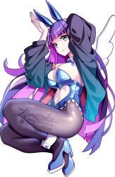 Rule 34 | 1girl, animal ears, black jacket, black pantyhose, blue shoes, breasts, cleavage, clothing cutout, commentary, english commentary, green eyes, highres, hot vr, jacket, large breasts, leotard, long hair, looking at viewer, multicolored hair, navel cutout, panty &amp; stocking with garterbelt, pantyhose, pink hair, playboy bunny, purple hair, rabbit ears, shoes, simple background, solo, stocking (psg), subscribestar username, two-tone hair, white background, white wings, wings