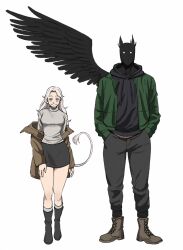 1boy 1girl animal_ears bird_boy bird_ears black_boots black_jacket black_skirt black_wings boots breasts brown_boots brown_coat casual cat_tail closed_mouth coat coat_partially_removed collarbone commentary contemporary curtained_hair english_commentary feathered_wings full_body glowing glowing_eyes green_jacket grey_eyes grey_pants hand_on_own_thigh hands_in_pockets height_difference highres hood hooded_jacket jacket knee_boots lace-up_boots layered_clothes long_hair long_sleeves looking_at_viewer miniskirt no_mouth open_clothes open_jacket pants parted_bangs pencil_skirt princess_(slay_the_princess) simple_background single_wing skirt slay_the_princess small_breasts smile standing straight-on sweater tail tanblaque the_hero_(slay_the_princess) the_witch_(slay_the_princess) turtleneck turtleneck_sweater white_background white_eyes white_hair white_sweater wings