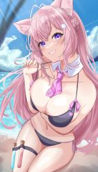 1girl absurdres antenna_hair beach bikini black_bikini bow braid breast_hold breasts cleavage wolf_ears detached_collar hair_ornament hakui_koyori highres hololive long_hair looking_at_viewer navel necktie ogura_toast parted_lips pink_bow pink_hair pink_necktie purple_eyes side-tie_bikini_bottom smile solo swimsuit test_tube thigh_gap thigh_strap thighs virtual_youtuber