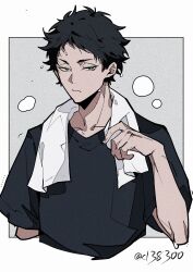 1boy :/ akaashi_keiji arm_up black_hair black_shirt c138300 closed_mouth collarbone cropped_arm cropped_torso grey_eyes haikyuu!! highres looking_to_the_side male_focus shirt short_hair short_sleeves sideways_glance solo sweat t-shirt towel towel_around_neck twitter_username wet wet_hair