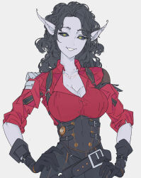 1girl absurdres belt black_belt black_corset black_gloves black_hair black_pants black_sclera breasts cleavage collarbone collared_shirt colored_sclera colored_skin commentary corset cross cross_necklace dungeons_&amp;_dragons elliemaplefox english_commentary gloves hands_on_own_hips highres jewelry large_breasts long_hair long_sleeves looking_at_viewer necklace original pants parted_lips pointy_ears red_shirt shirt simple_background smile solo teeth upper_body white_background white_skin yellow_eyes