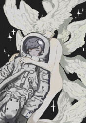 1boy 1other androgynous black_background black_hair blonde_hair devilman feathered_wings fudou_akira hand_on_another&#039;s_chest hand_on_another&#039;s_shoulder head_wings helmet highres leaning_on_person multiple_wings nude satan_(devilman) short_hair simple_background space_helmet spacesuit sparkle tami_tome_mo wings