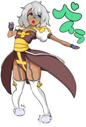 Rule 34 | 1girl, arch bishop (ragnarok online), archangeling, blue eyes, blue gloves, brown dress, cleavage cutout, clothing cutout, commentary request, cross, dark-skinned female, dark skin, dress, fingerless gloves, flat chest, full body, garter straps, glasses, gloves, grey hair, looking afar, medium hair, open mouth, panties, puffy short sleeves, puffy sleeves, ragnarok iris, ragnarok online, rimless eyewear, sash, short sleeves, simple background, slippers, solo, standing, thick eyebrows, thighhighs, two-tone dress, underwear, white background, white dress, white panties, white thighhighs, yellow sash