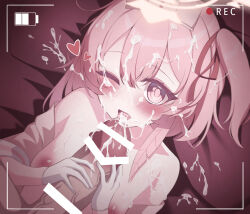 1boy 1girl absurdres amerika_neko bare_shoulders battery_indicator bed_sheet blue_archive blush breasts bright_pupils commentary cum cum_on_body cum_on_breasts cum_on_hair cum_on_upper_body dutch_angle erection facial feather_hair fellatio gloves hair_ribbon halo hat heart hetero highres large_penis licking licking_penis looking_at_viewer lying medium_hair nipples nude nurse nurse_cap official_alternate_costume on_back one_eye_closed one_side_up open_mouth oral penis penis_grab pink_eyes pink_hair pink_hat pov pov_crotch recording red_ribbon ribbon serina_(blue_archive) serina_(nurse)_(blue_archive) short_sleeves small_breasts solo_focus tongue tongue_out upper_body veins veiny_penis viewfinder white_gloves yellow_halo