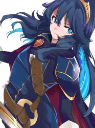 1girl blue_cape blue_eyes blue_hair brand_of_the_exalt cape cherubi_nbo closed_mouth fire_emblem fire_emblem_awakening hair_between_eyes highres long_hair long_sleeves looking_to_the_side lucina_(fire_emblem) nintendo red_cape solo symbol_in_eye tiara twitter_username two-tone_cape white_background