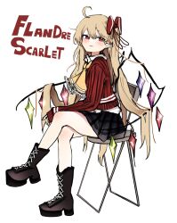 1girl black_skirt chair crossed_legs flandre_scarlet highres ougiikun pointy_ears sitting skirt solo touhou white_background wings