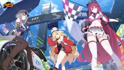 Rule 34 | 3girls, absurdres, bare shoulders, belt, black choker, black panties, black skirt, blonde hair, blue skirt, breasts, brown pantyhose, car, choker, cleavage, commentary, crop top, day, dress, eliisa (mahjong soul), english commentary, frilled skirt, frills, from below, green eyes, grey hair, hair over shoulder, hand on headwear, helmet, highleg, highleg panties, highres, holding, holding umbrella, hukahire0120, jacket, kitami sawako, kujou riu, large breasts, long hair, long sleeves, looking at viewer, mahjong soul, medium breasts, midriff, miniskirt, motor vehicle, motorcycle helmet, multiple girls, navel, off shoulder, official art, on car, one side up, open mouth, outdoors, panties, pantyhose, pantyshot, pink shirt, race queen, race vehicle, racecar, red dress, red eyes, red hair, red jacket, second-party source, shirt, short dress, sitting, skirt, sleeveless, sleeveless dress, smile, spaghetti strap, standing, stomach, strap slip, thighhighs, thighs, umbrella, underwear, very long hair, visor cap, white thighhighs