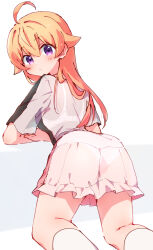 Rule 34 | :t, absurdres, ahoge, blush, bra, closed mouth, dress, from behind, hair between eyes, highres, kneeling, long hair, looking at viewer, looking back, nyaa (nnekoron), orange hair, panties, purple eyes, see-through clothes, see-through dress, socks, underwear, wakatsuki niko, white background, white bra, white panties, white socks, witch watch