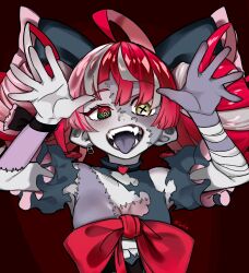 Rule 34 | 1girl, ahoge, bandages, black bow, bow, colored skin, colored tongue, diamond-shaped pupils, diamond (shape), double bun, dress, earrings, frilled sleeves, frills, grey skin, hair bun, heterochromia, highres, hololive, hololive indonesia, jewelry, kureiji ollie, kureiji ollie (1st costume), multicolored hair, multicolored skin, patchwork skin, pop tab, purple tongue, rabbit pose, red bow, sharp teeth, signature, single earring, solo, stitched face, stitched torso, stitches, symbol-shaped pupils, teeth, tenkatorouze, torn clothes, torn dress, two-tone skin, upper body, virtual youtuber, x-shaped pupils, zombie