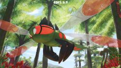 absurdres blue_sky bug commentary dated dragonfly ewokakukaede fangs flying from_below gen_4_pokemon gen_5_pokemon grass highres insect nintendo no_humans outdoors plant pokemon pokemon_(creature) red_eyes scolipede sky solo_focus spikes tree yanmega