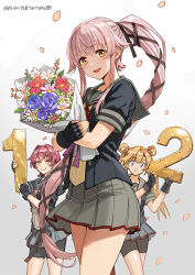 3girls abukuma_(kancolle) abukuma_kai_ni_(kancolle) anniversary bike_shorts_under_skirt black_gloves black_jacket blonde_hair bouquet dated flower gloves grey_sailor_collar grey_skirt hair_flaps hair_rings jacket kantai_collection kinu_(kancolle) kinu_kai_ni_(kancolle) long_hair multiple_girls partially_fingerless_gloves pink_hair pleated_skirt ponytail red_hair sailor_collar school_uniform serafuku short_sleeves shorts shorts_under_skirt skirt tantaka twintails twitter_username yura_(kancolle) yura_kai_ni_(kancolle)