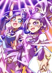 arm_warmers blue_bow blue_eyes blue_hair blush boots bow breasts brooch choker clenched_hands crystal_earrings cure_diamond cure_sword dokidoki!_precure earrings futari_wa_precure hair_ornament heart heart_brooch high_ponytail highres hishikawa_rikka jewelry kenzaki_makoto long_hair magical_girl open_mouth ponytail precure purple_arm_warmers purple_boots purple_choker purple_eyes purple_hair purple_skirt rebanira_mrt skirt small_breasts smile spade_(shape) spade_hair_ornament