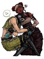 1boy 1girl apex_legends black_gloves blue_gloves chinese_commentary closed_eyes closed_mouth cropped_vest dark-skinned_female dark_skin detached_sleeves double_bun fingerless_gloves gloves green_shorts green_vest grey_tank_top hair_bun headband highres holding_another&#039;s_arm hua_hua_toulaji lifeline_(apex_legends) lying mechanical_legs octane_(apex_legends) red_hair shorts simple_background speech_bubble squiggle tank_top vest white_background white_headband