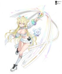 1girl absurdres arm_up armpits bandeau bare_shoulders blonde_hair blue_eyes breasts cleavage crop_top detached_collar detached_sleeves double_bun full_body grin hair_bun highres holding holding_wand jaeyun kneehighs large_breasts long_hair long_sleeves looking_at_viewer magical_girl midriff miniskirt navel original outstretched_arm pleated_skirt shoes skirt smile socks solo stomach strapless thighs tube_top very_long_hair wand white_bandeau white_skirt white_socks