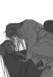 2boys 333_2d chinese_clothes closed_mouth earrings eye_contact greyscale hair_down hand_on_another&#039;s_cheek hand_on_another&#039;s_chest hand_on_another&#039;s_face hanfu highres jewelry jinhongi long_hair long_sleeves looking_at_another lying male_focus monochrome multiple_boys on_back open_mouth sash seol_young simple_background wide_sleeves yaoi zaha