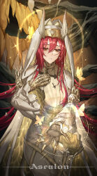 1girl arknights armored_gloves ascalon_(arknights) ascalon_(phototaxis)_(arknights) breasts bug butterfly cape character_name commentary_request dress glint glowing_butterfly hair_ornament halo hand_on_own_chest highres hood hooded_cape horns insect knight_fault long_dress long_hair long_sidelocks long_sleeves looking_ahead official_alternate_costume open_hand orange_eyes parted_lips red_hair sidelocks snail solo sparkle standing star_(symbol) star_hair_ornament taut_clothes taut_dress teardrop_facial_mark two-sided_fabric two-sided_headwear two-sided_sleeves veil very_long_hair very_long_sidelocks white_dress white_horns white_veil wide_hips