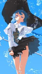 1girl ahoge black_skirt blue_eyes blue_hair capelet cohi27151463 frown hat highres hydrokinesis jacket long_braid looking_at_viewer mage_staff mushoku_tensei pleated_skirt roxy_migurdia simple_background skirt skirt_hold solo water white_capelet white_jacket wind wind_lift witch_hat